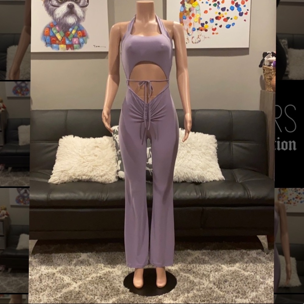 Lavender Cut Out Ruched Flare Jumpsuit Small Adjustable Tie Figure Flattering